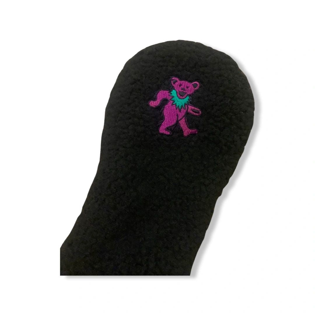 Purple Bear Patch on Black Sherpa Fleece Headcover